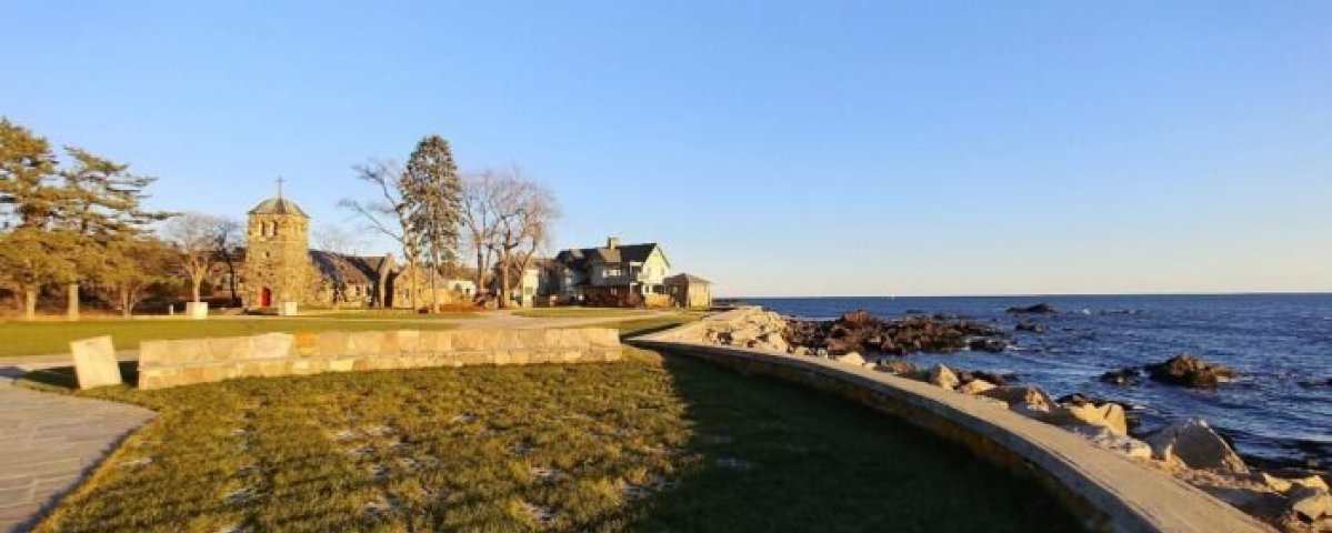 Chapel situated near the Gulf of Maine seen from a distance during sunset