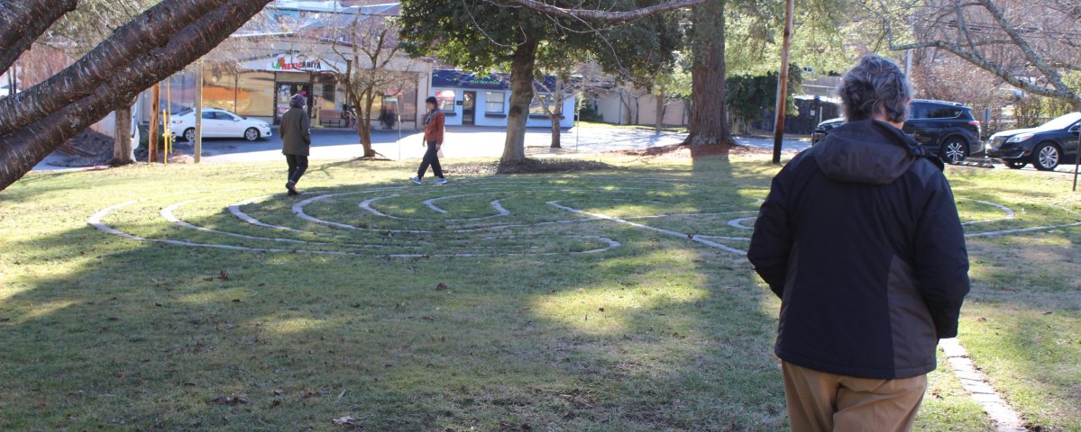 Parishioners at Grace Church in the Mountains walk the prayer labyrinth