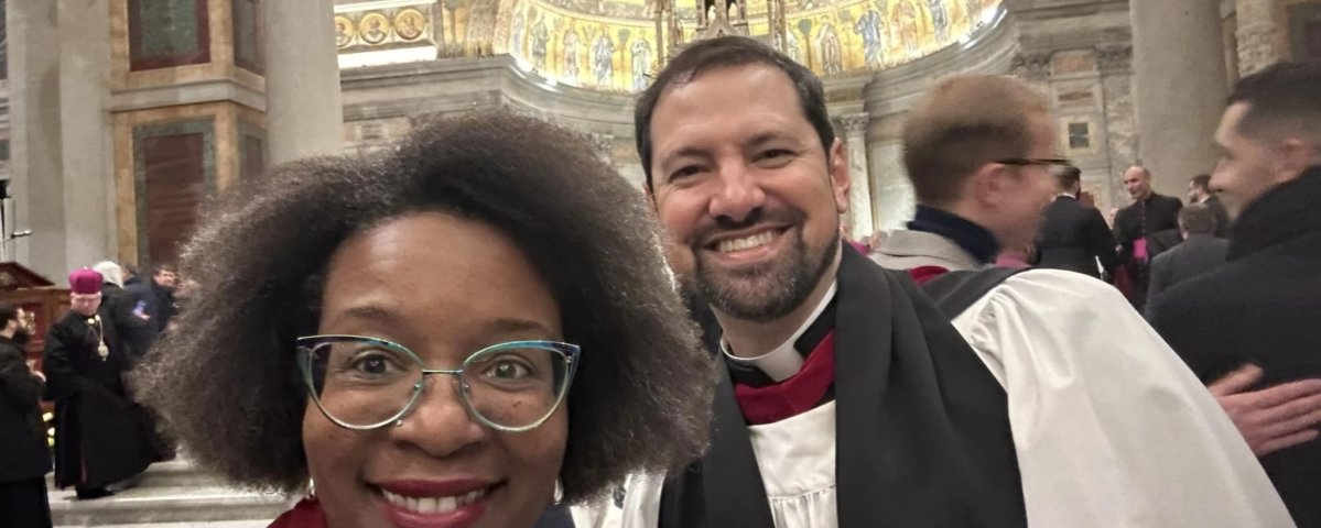 The Rev. Canon Stephanie Spellers and the Rev. Austin K. Rios at the Papal Basilica of St. Paul Outside the Walls in Rome on Jan. 25, 2023. Photo: Stephanie Spellers