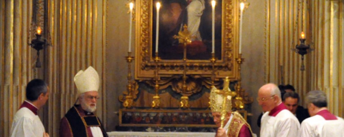 Pope Benedict XVI and Archbishop of Canterbury Williams prayed together and lit candles in the chapel of St. Gregory following a March 10 service at San Gregorio Magna al Celio in Rome to mark the 1000th anniversary of the founding of Italy’s Camaldoli monastic community. Photo/Matthew Davies