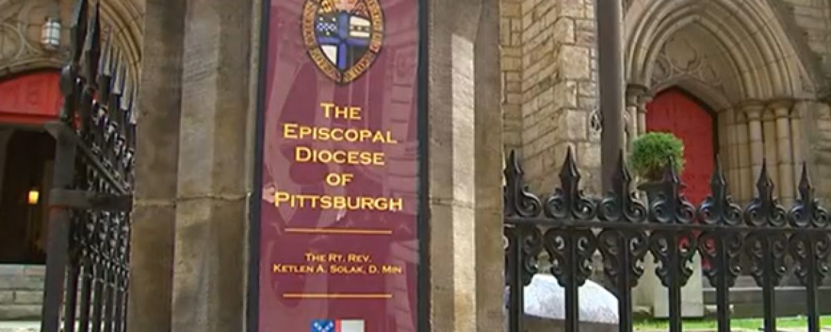 A sign in front of Trinity Episcopal Cathedral Downtown reads, "The Episcopal Diocese of Pittsburgh. The Rt. Rev. Ketlan A. Solak D. Min"