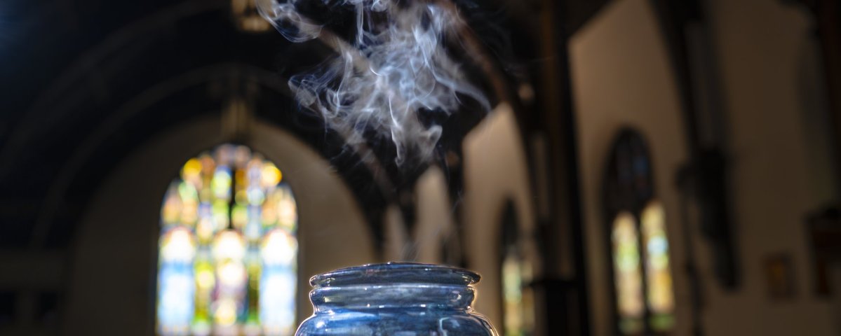 Blue censer with stained glass.