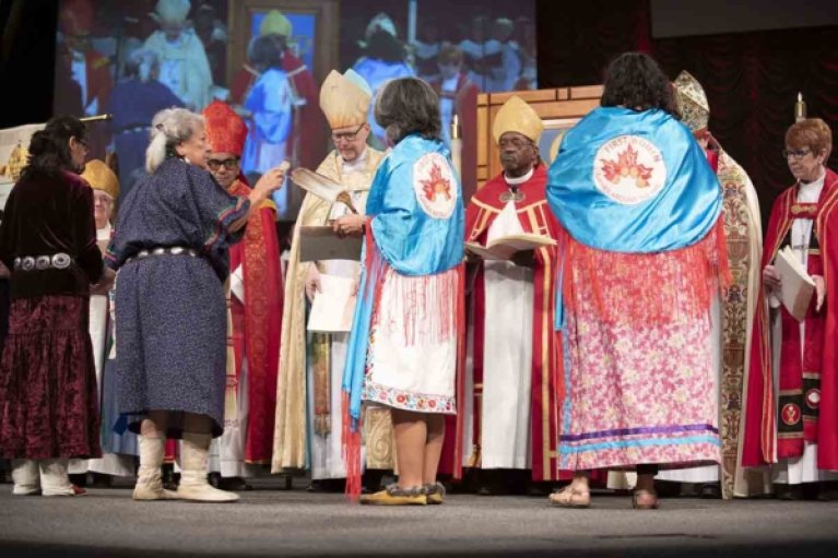 Native American church leaders offer a traditional blessing during the consecration of Arizona Bishop Jennifer Reddall on March 12. Photo: David Schacher, via Diocese of Arizona