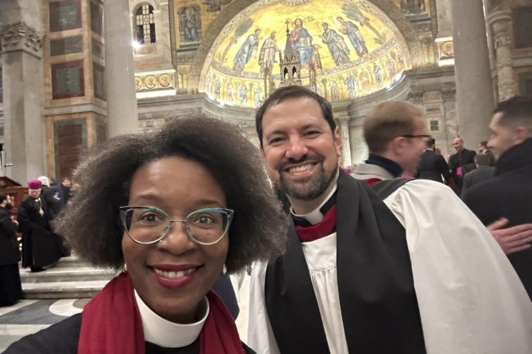 The Rev. Canon Stephanie Spellers and the Rev. Austin K. Rios at the Papal Basilica of St. Paul Outside the Walls in Rome on Jan. 25, 2023. Photo: Stephanie Spellers