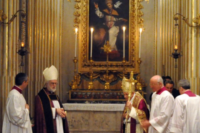 Pope Benedict XVI and Archbishop of Canterbury Williams prayed together and lit candles in the chapel of St. Gregory following a March 10 service at San Gregorio Magna al Celio in Rome to mark the 1000th anniversary of the founding of Italy’s Camaldoli monastic community. Photo/Matthew Davies