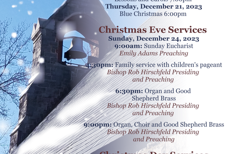 Service times for Church of the Good Shepherd Christmas Eve 2023, 4:30 PM 6:30 PM 9:00 PM