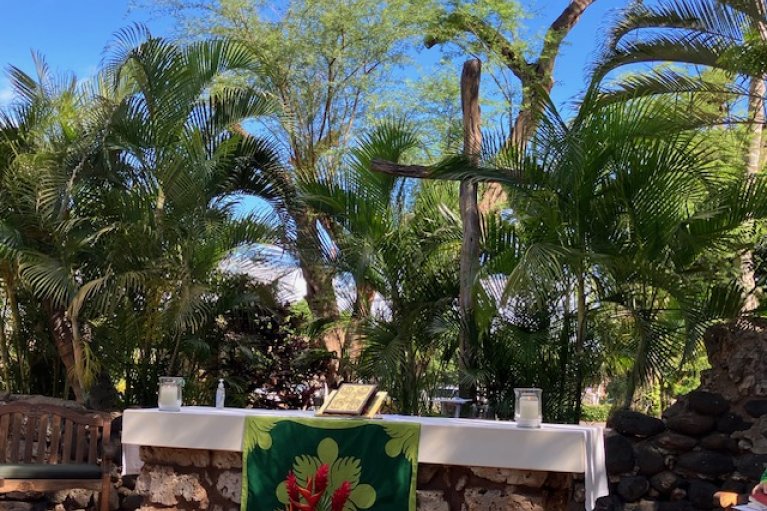 Trinity Episcopal Church by-the-Sea worships in the historic ruins and outdoor setting of David Malo's Kilolani Church, which was founded in 1852
