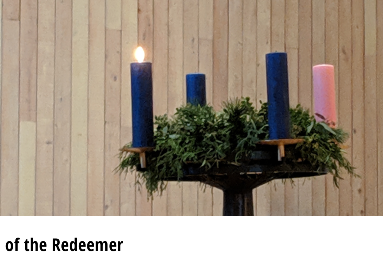 An advent wreath with the first candle lit at Church of the Redeemer