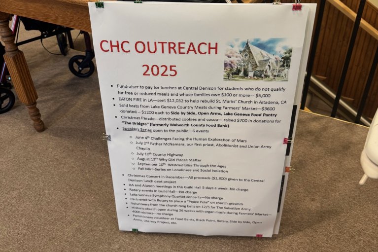 Posterboard listing outreach activities.