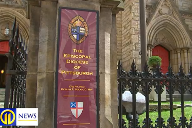 A sign in front of Trinity Episcopal Cathedral Downtown reads, "The Episcopal Diocese of Pittsburgh. The Rt. Rev. Ketlan A. Solak D. Min"