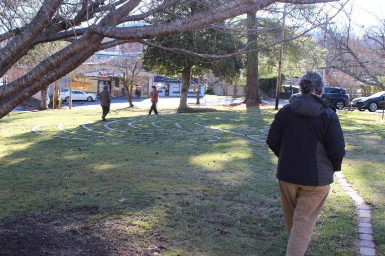 Parishioners at Grace Church in the Mountains walk the prayer labyrinth