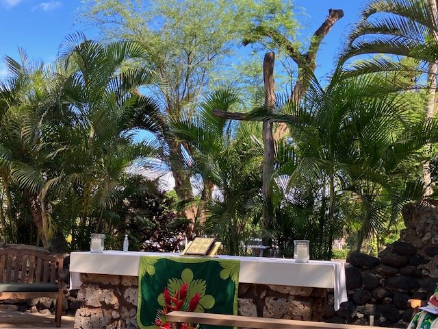 Trinity Episcopal Church by-the-Sea worships in the historic ruins and outdoor setting of David Malo's Kilolani Church, which was founded in 1852 