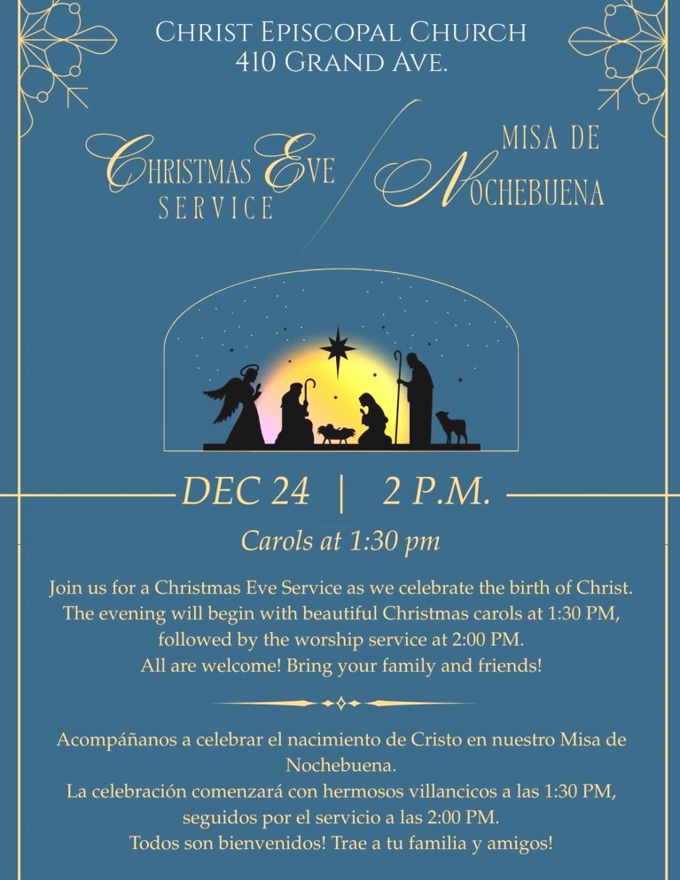 Our Christmas Eve Service will be at 2:00pm with Christmas Hymns starting at 1:30pm