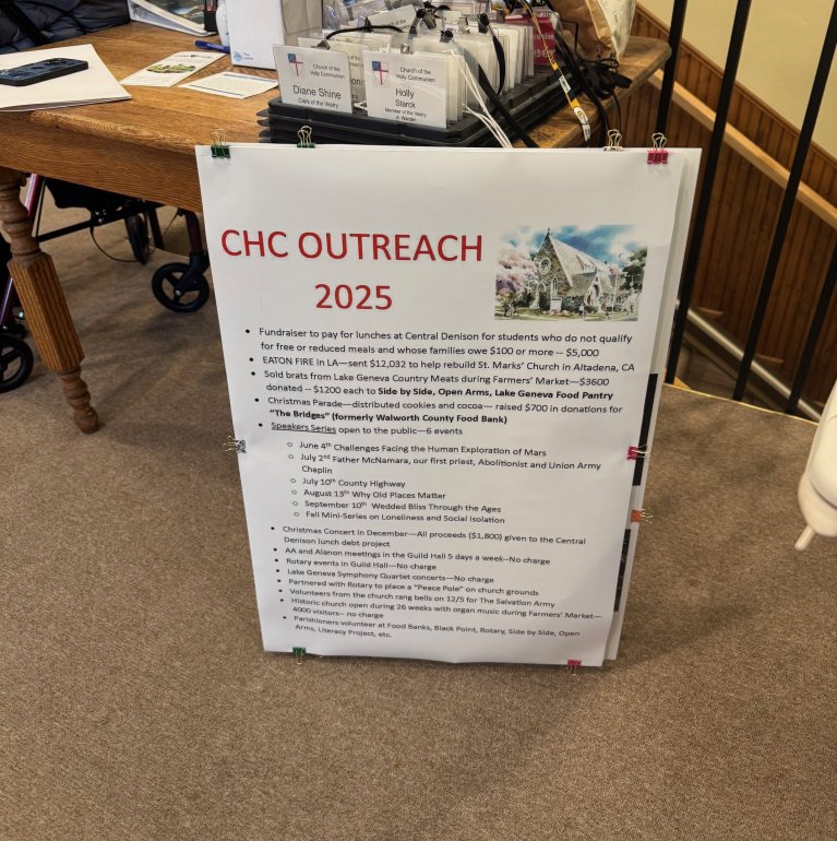 Posterboard listing outreach activities.