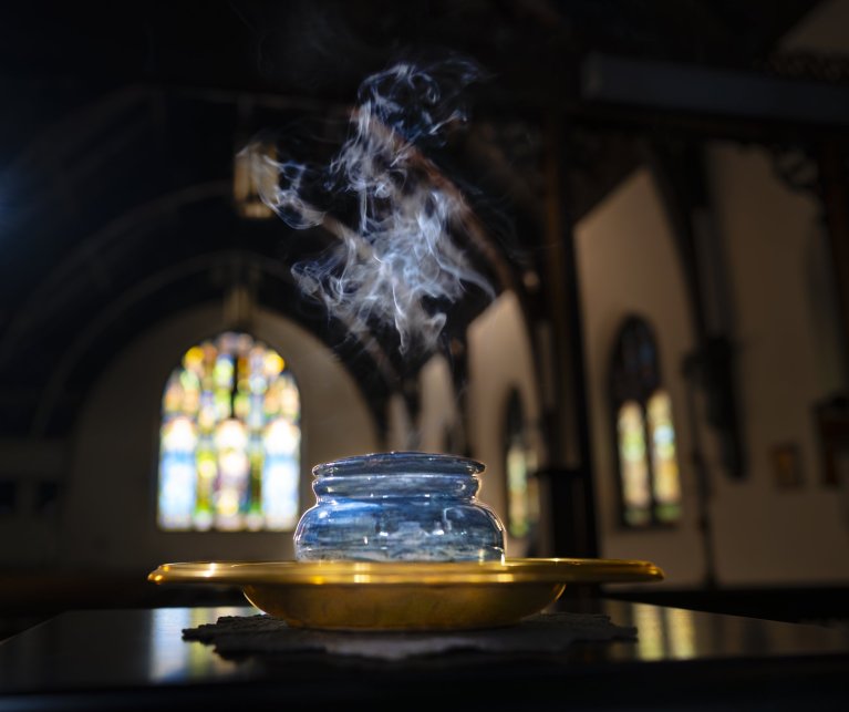 Blue censer with stained glass.